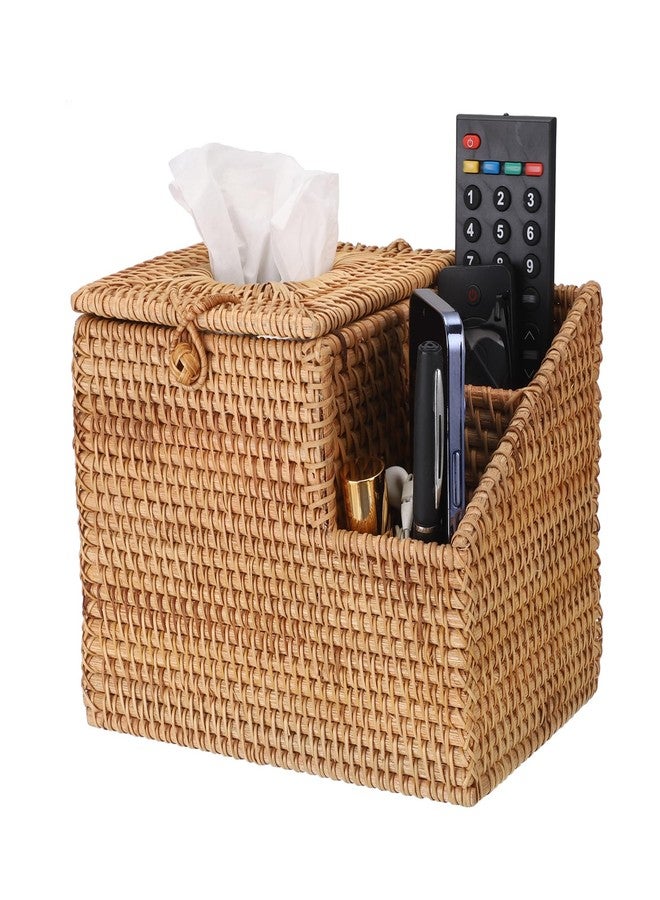Sumnacon Tissue Box Square Tissue Box Cover with Storage Rattan Tissue Box Holder with 2 Side Organizer,Wicker Tissue Cover Cube Tissue Holder for Bathroom Living Room Table Desk Office - Image 1